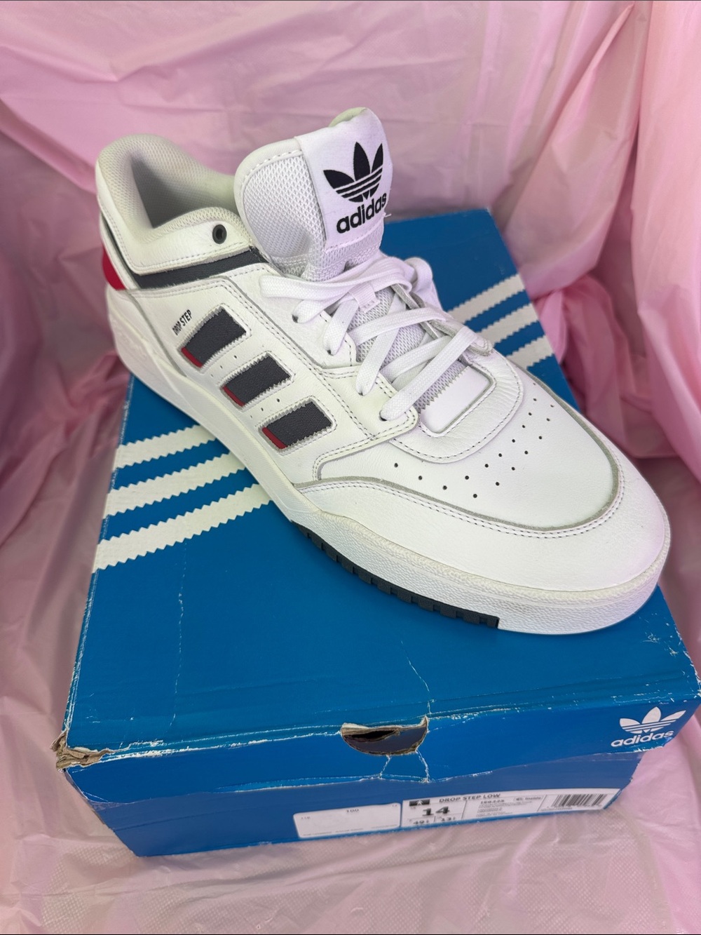 adidas Men’s White Leather Low-Top Sneakers with Black & Red Accents